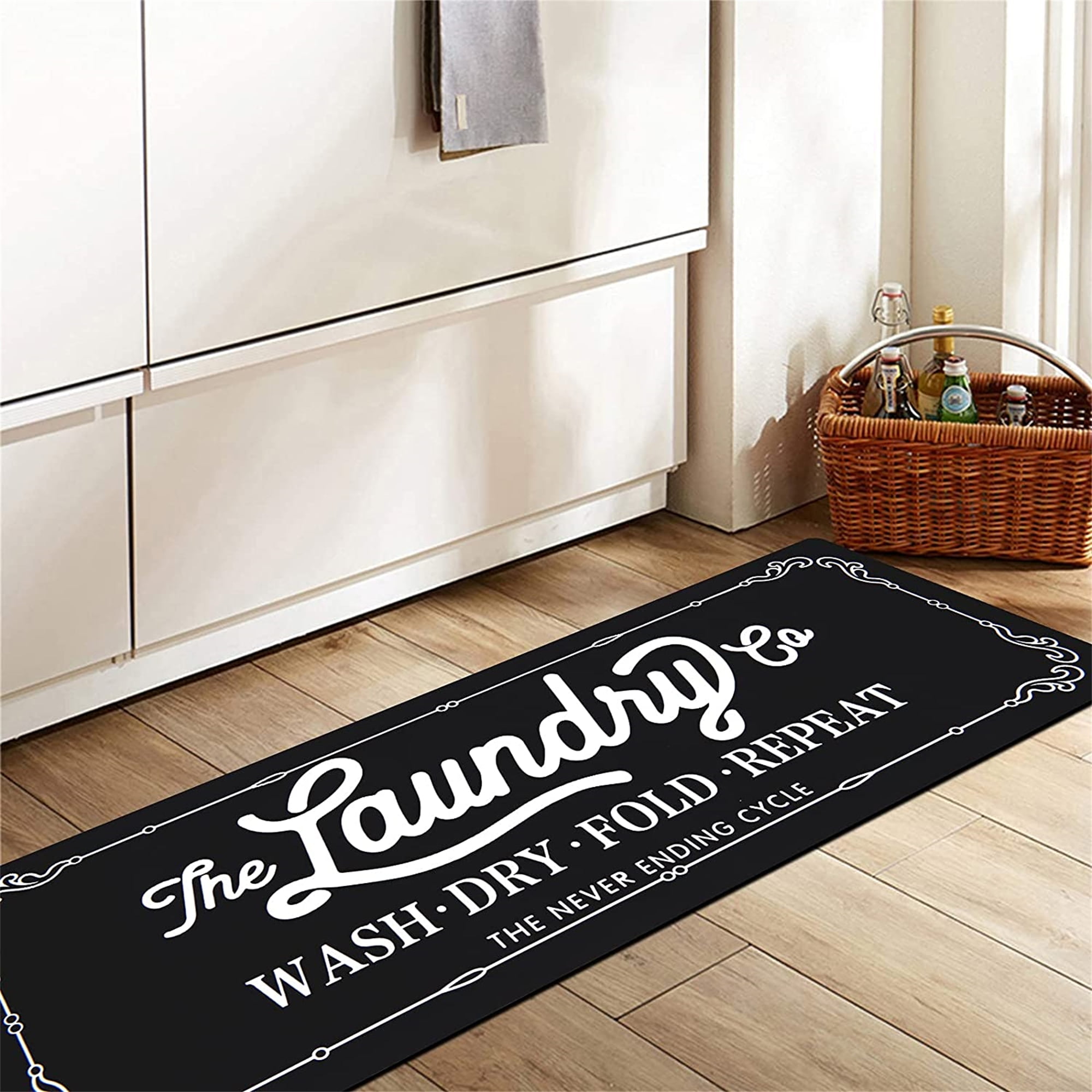 Findosom 20"x60" Farmhouse Laundry Room Rug Non Slip Rubber Laundry Runner Rug Waterproof Washable Indoor Laundry Rugs and Mats for Kitchen Floor Laundry Room Bathroom Hallway Entryway Decor Black