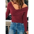 thumbnail image 4 of Top de manga larga con cuello en V, suave y agradable para la piel, cómodo y transpirable, para mujer, para compras en casa, oficina, al aire libre, rojo vino, 2XL, 4 of 7