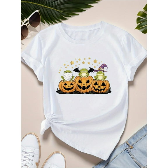 Halloween Frog on Pumpkin Women's T Shirt, Graphic Tees, Interesting design Tops, Short Sleeve Tee，Causal，cotton，white，S-5XL