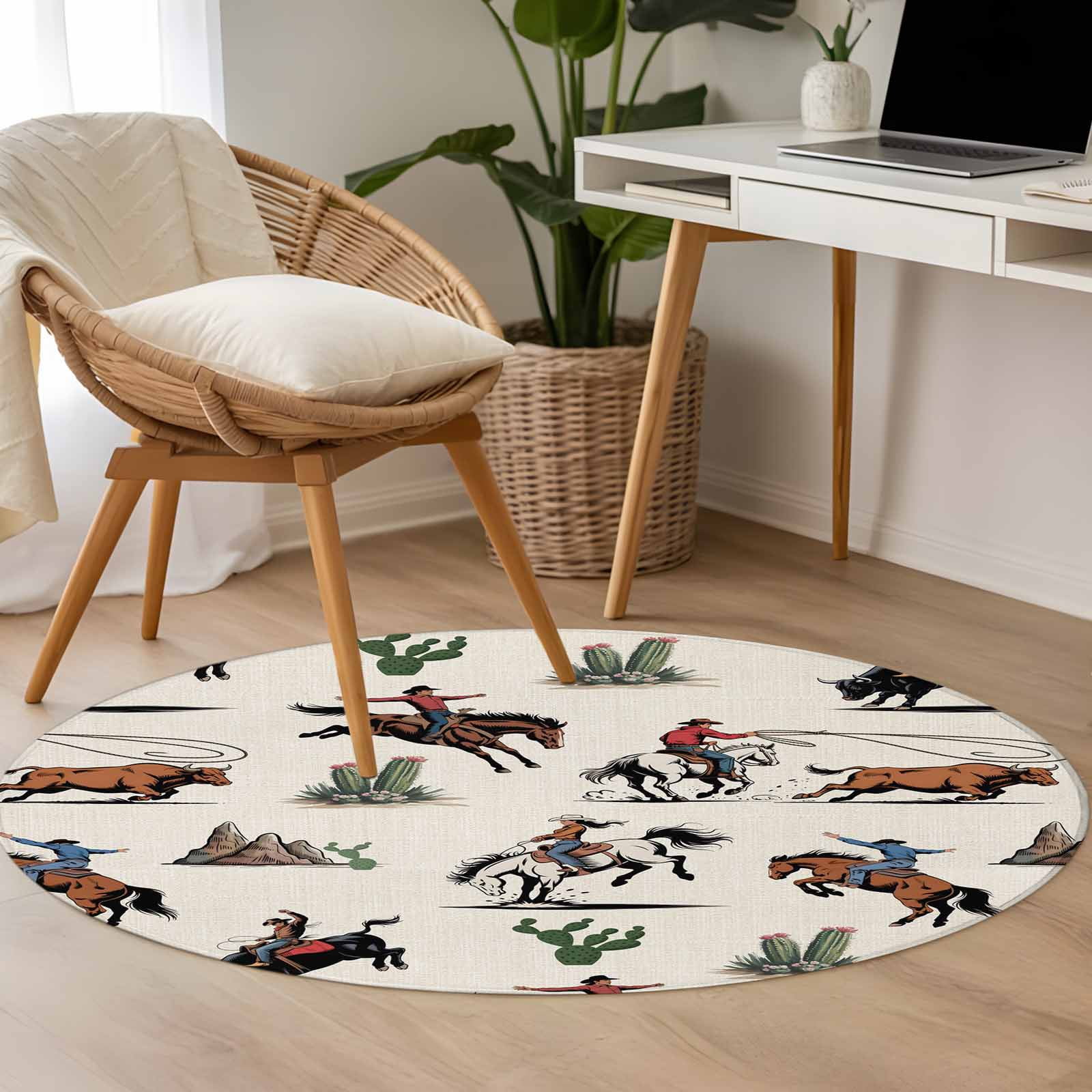 Small Round Rug 3Ft Washable Non-Slip, Western Cowboys Circle Area Rugs for Living Room Bedroom, Beige Vintage Country Cactus Indoor Floor Mats Carpet Runner for Home Decor