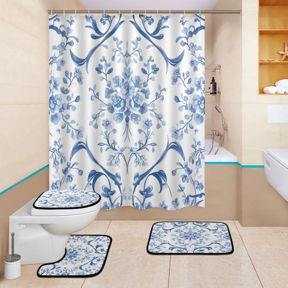 BZSMCE 4PCS Floral Whispers Shower Curtain Set Bathroom Decorative Set