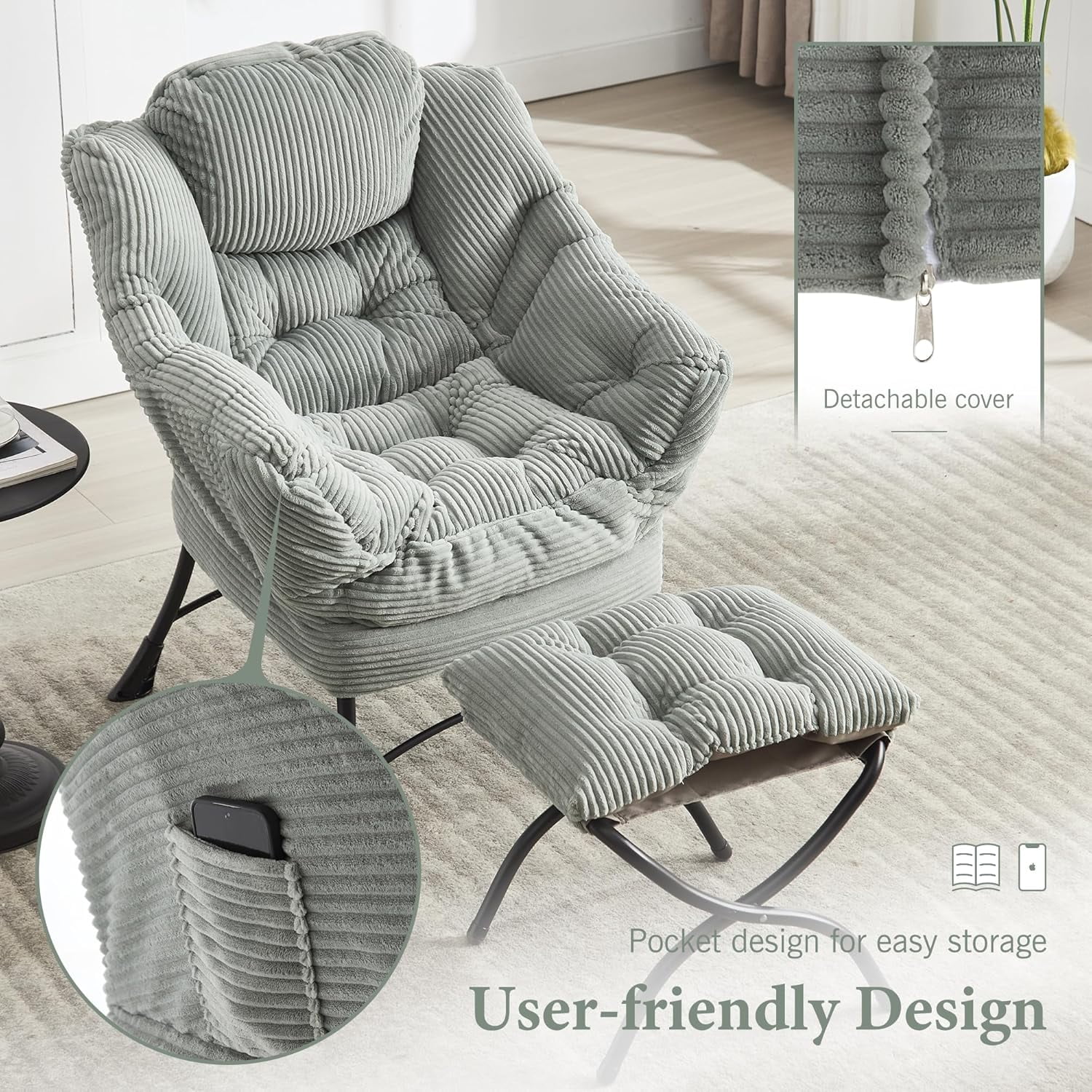 MOONMISS Corduroy Upholstered Oversized Lazy Chair Set of 2 with Folding Ottoman and a Side Pocket,Light Green