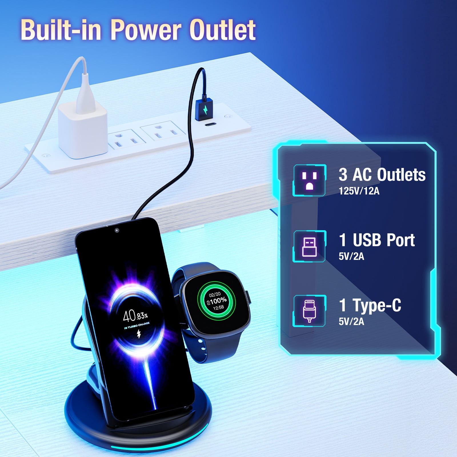 CONCETTA 48" Computer Gaming Desk with LED Light, Power Outlet, Monitor Stand, Headphone Hook, White