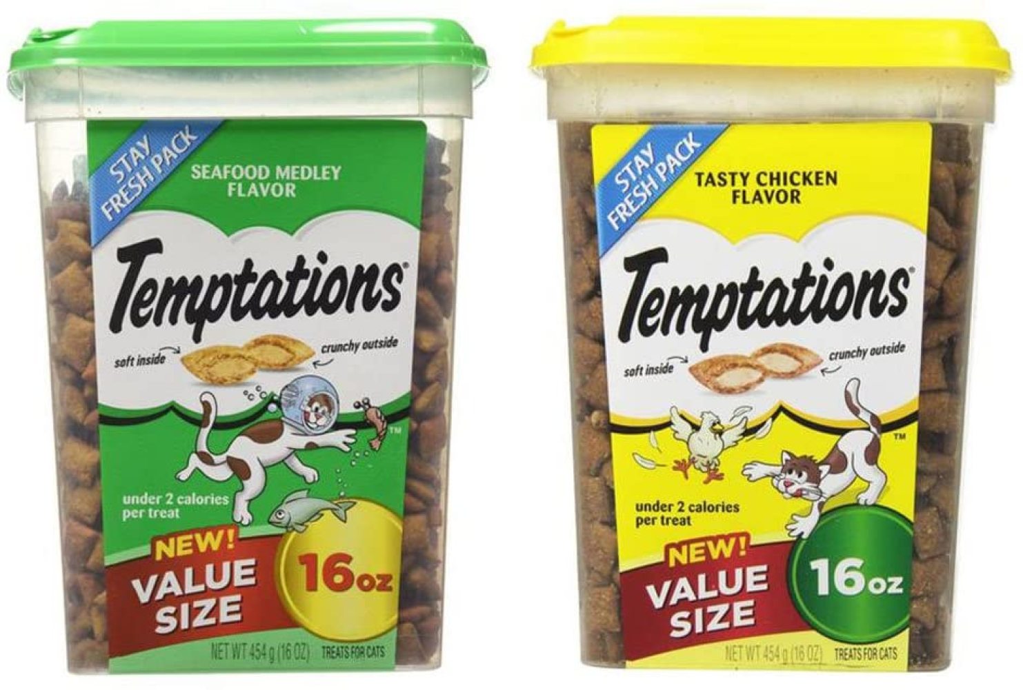 Value Size Temptations Treats for Cats Bundle Seafood Medley Flavor (16 oz) and Tasty Chicken