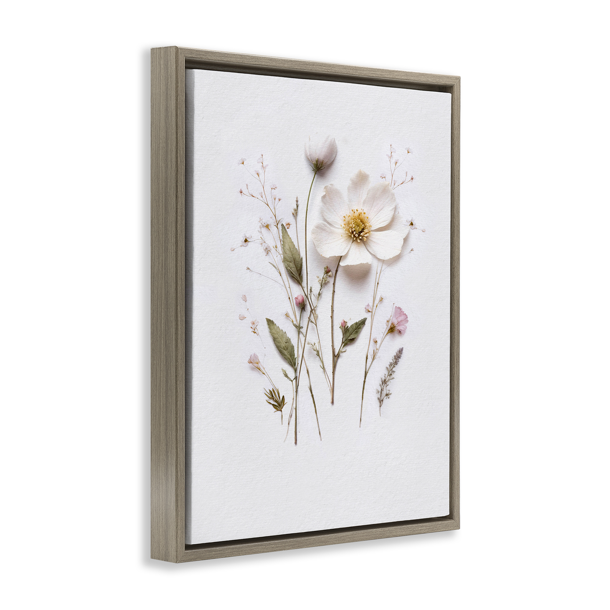 Delicate Pressed Flower Sprigs Brown Framed Floater Canvas Wall Art, design by Lettered and Lined