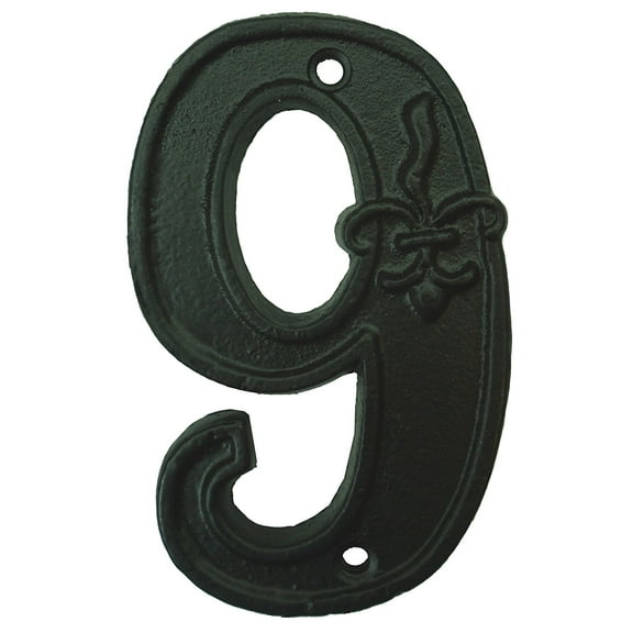 Lulu Decor, Cast Iron House Number 9 Vintage Black Finish with Fleur De Lis (# 9)
