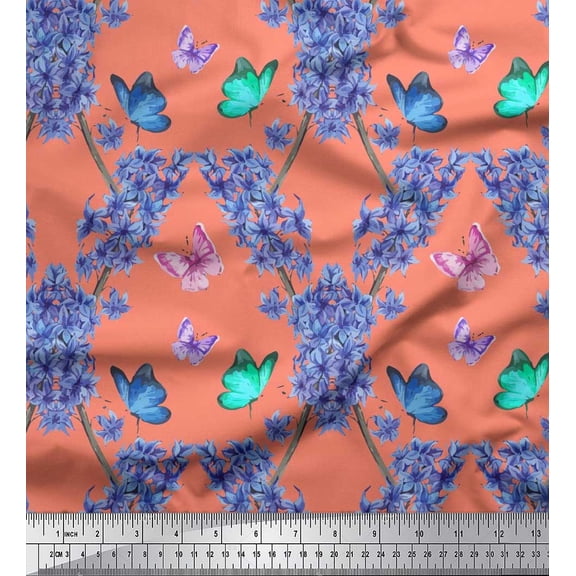 Soimoi Japan Crepe Satin Fabric Butterfly & Wildflower Floral Printed Craft Fabric by The Yard 42 Inch Wide