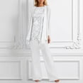 thumbnail image 2 of Elegant Long Sleeve Crew Neck Lace Chiffon Floral Top and Wide Leg Pants Two Piece Outfit Women Summer Solid Color Wedding Guest Plus Size White L, 2 of 5