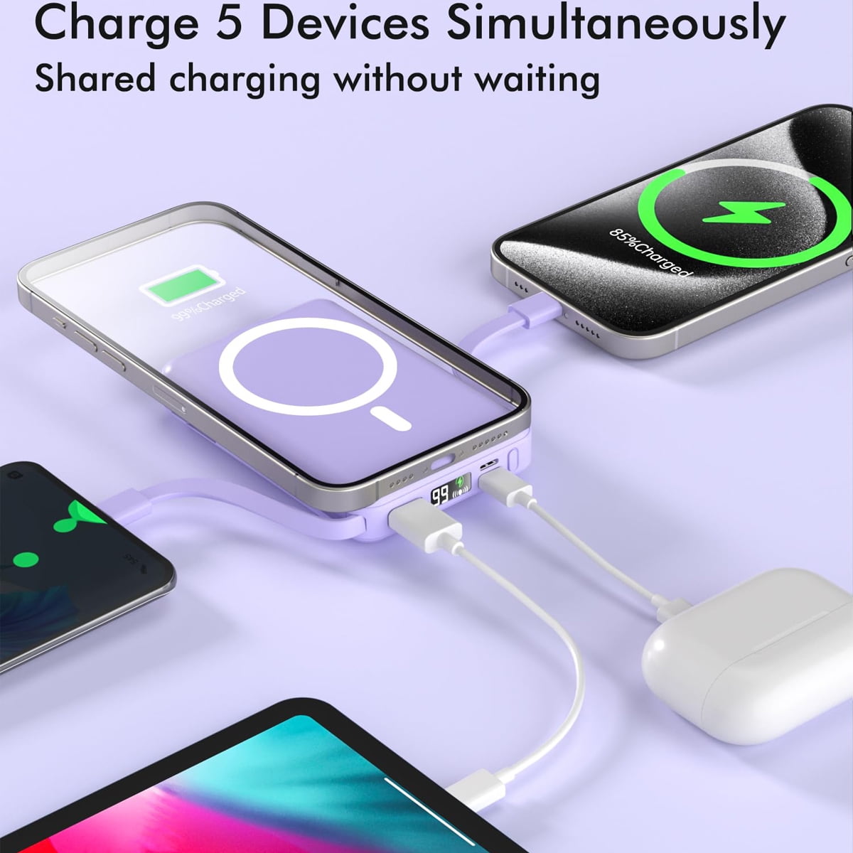Podoru Wireless Portable Charger, 10000mAh Magnetic Power Bank Built-in USB C Lighting Cables 20W PD Fast Charging LED Display Battery Pack for iPhone 16/15/14/13/12/ All Series - Purple