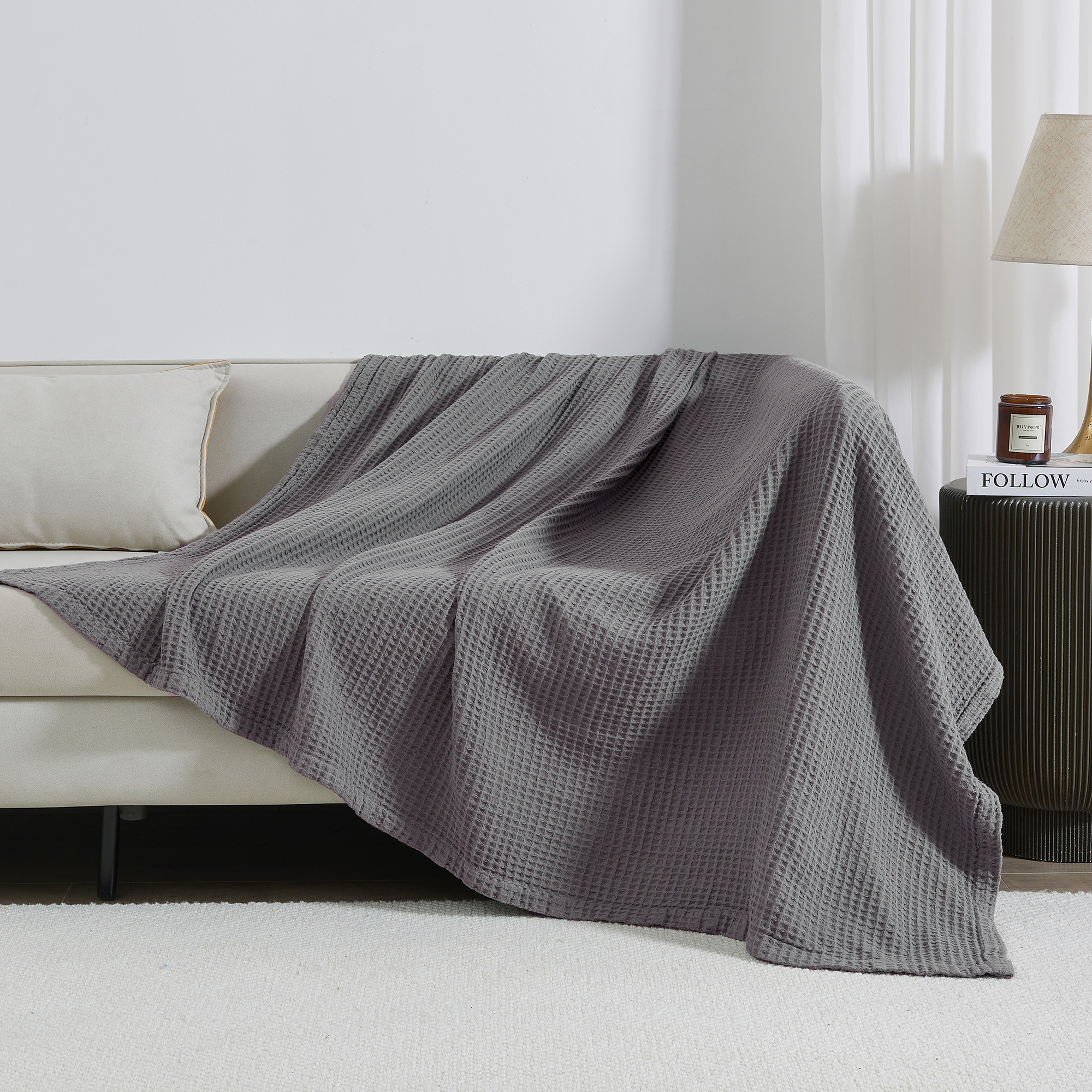 Great Bay Home 100% Cotton Waffle Weave Lightweight Bed Blanket (Twin, Dark Grey) - image 3 of 6