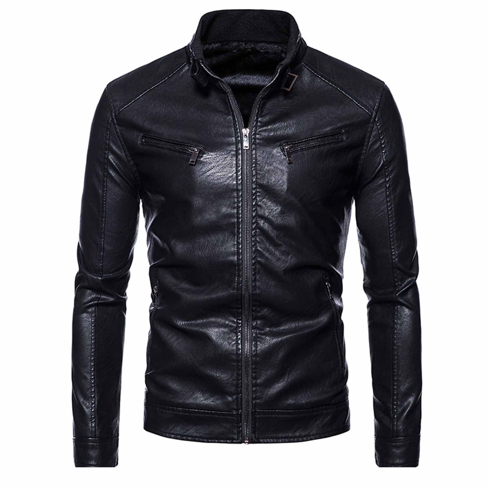 zanvin Veste de Moto en Cuir a Manches Longues pour Homme Automne Hiver Fermeture Eclair Coat Manches Longues Hoodless Faux Cuir Outwear Vestes Noir Cadeaux pour la Vente de Degagement Familial