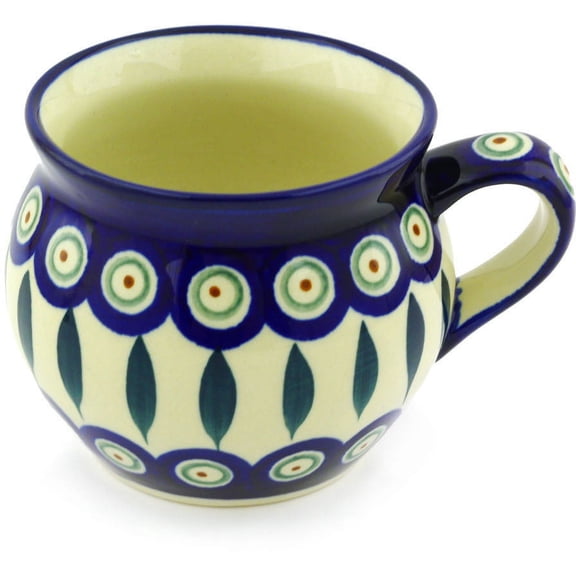 Polish Pottery 11 oz Bubble Mug (Peacock Leaves Theme) Hand Painted in Boleslawiec, Poland   Certificate of Authenticity