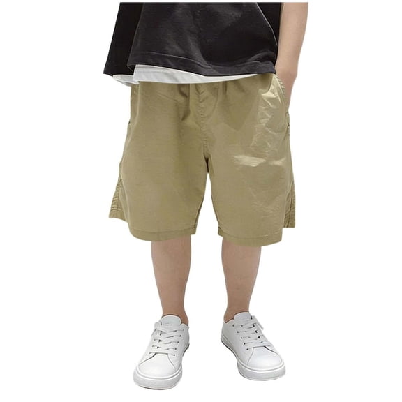 CYRBOKO Boys Casual Shorts, Loose Fit Elastic Waist Summer Athletic Cargo Shorts Khaki Size 10-12 T