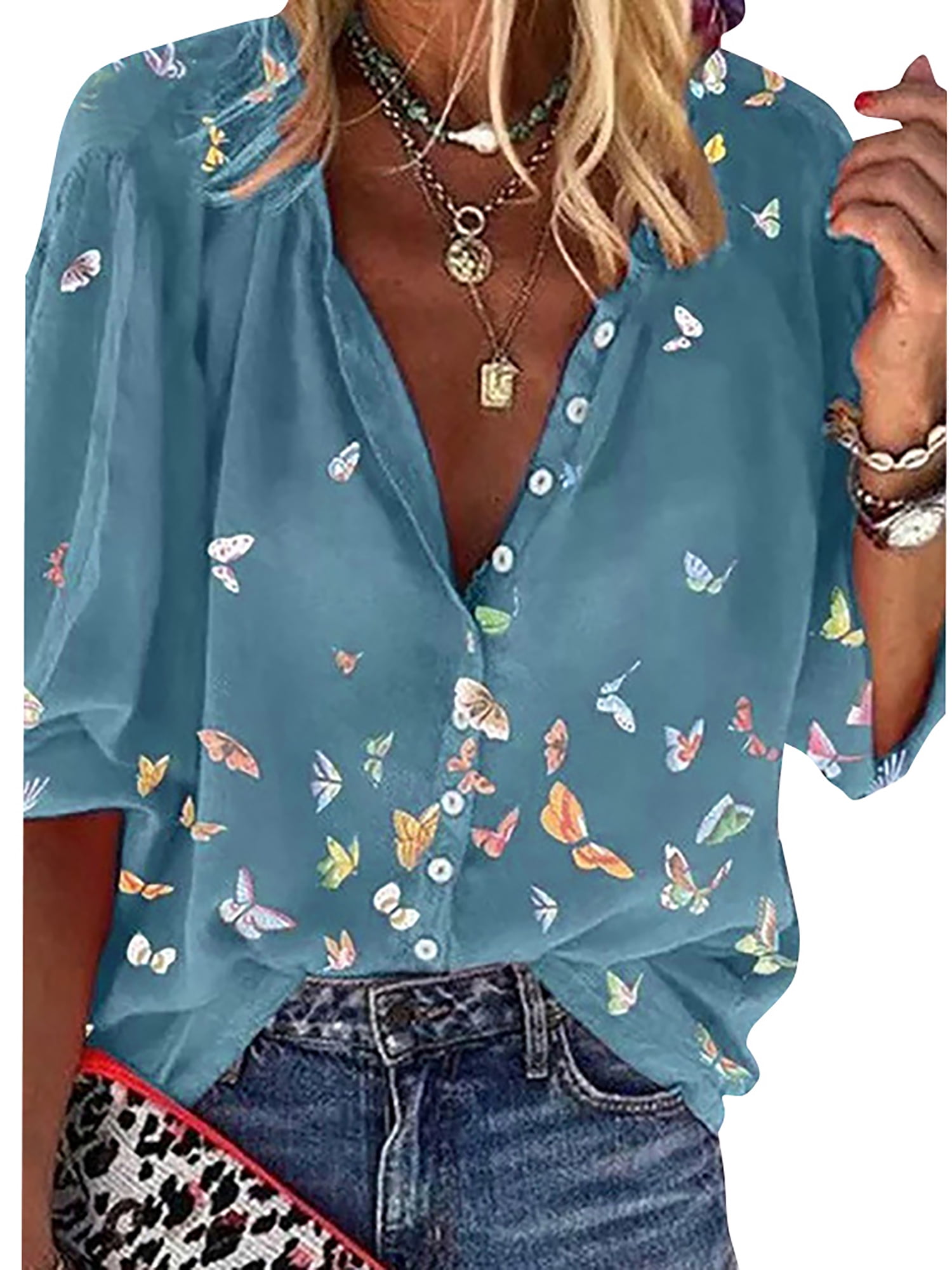 fartey 3/4 Sleeve Shirts for Women Round Neck Loose Pullover Comfy Soft Blouses Summer Casual Print Tops