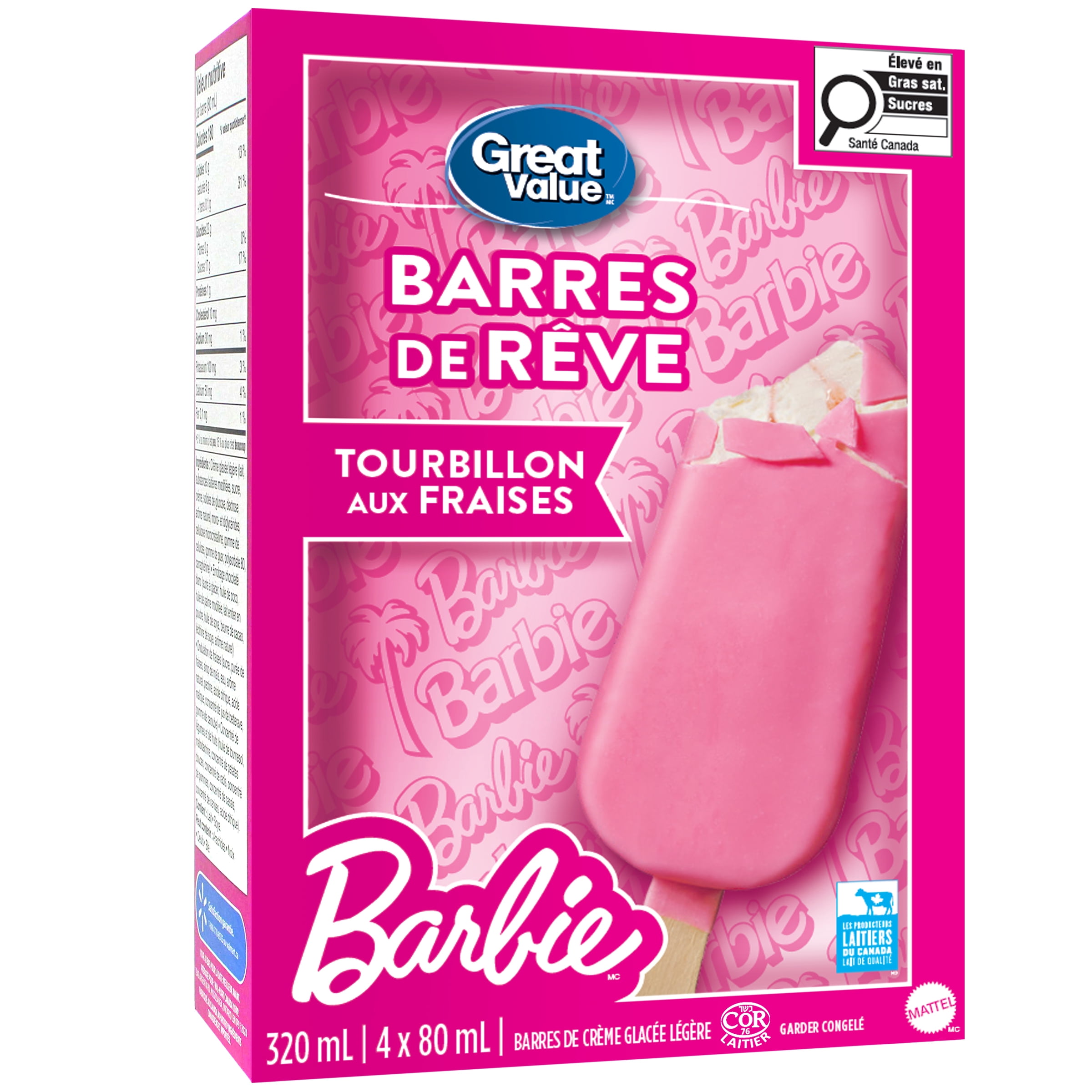 Barres de crème glacée légère tourbillon aux fraises Barbie Great Value 4 x 80