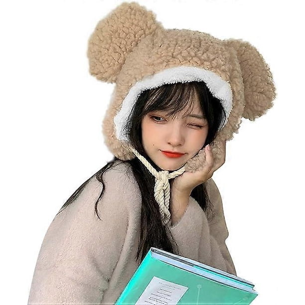 ZHAOCHENG Gorro cálido con orejeras de animales bonitos, gorro de invierno de vellón con capucha, gorro con pompón esponjoso de oso de dibujos animados, gorro resistente al viento y al frío, gorro con