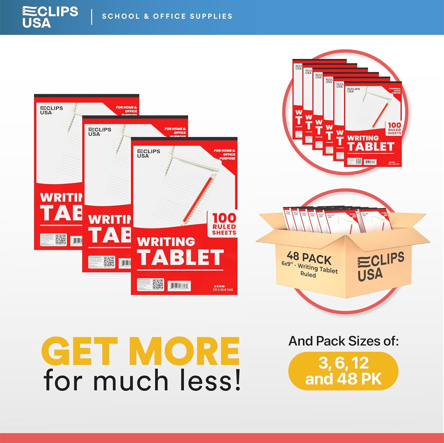 E-CLIPS USA Ruled Writing Tablet Small Note Pads, 9” x 6”, 100-Sheet Pad, 48-Pack