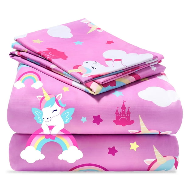 Juego de sábanas para niños Joiedomi Purple Unicorn, 4 piezas, microfibra