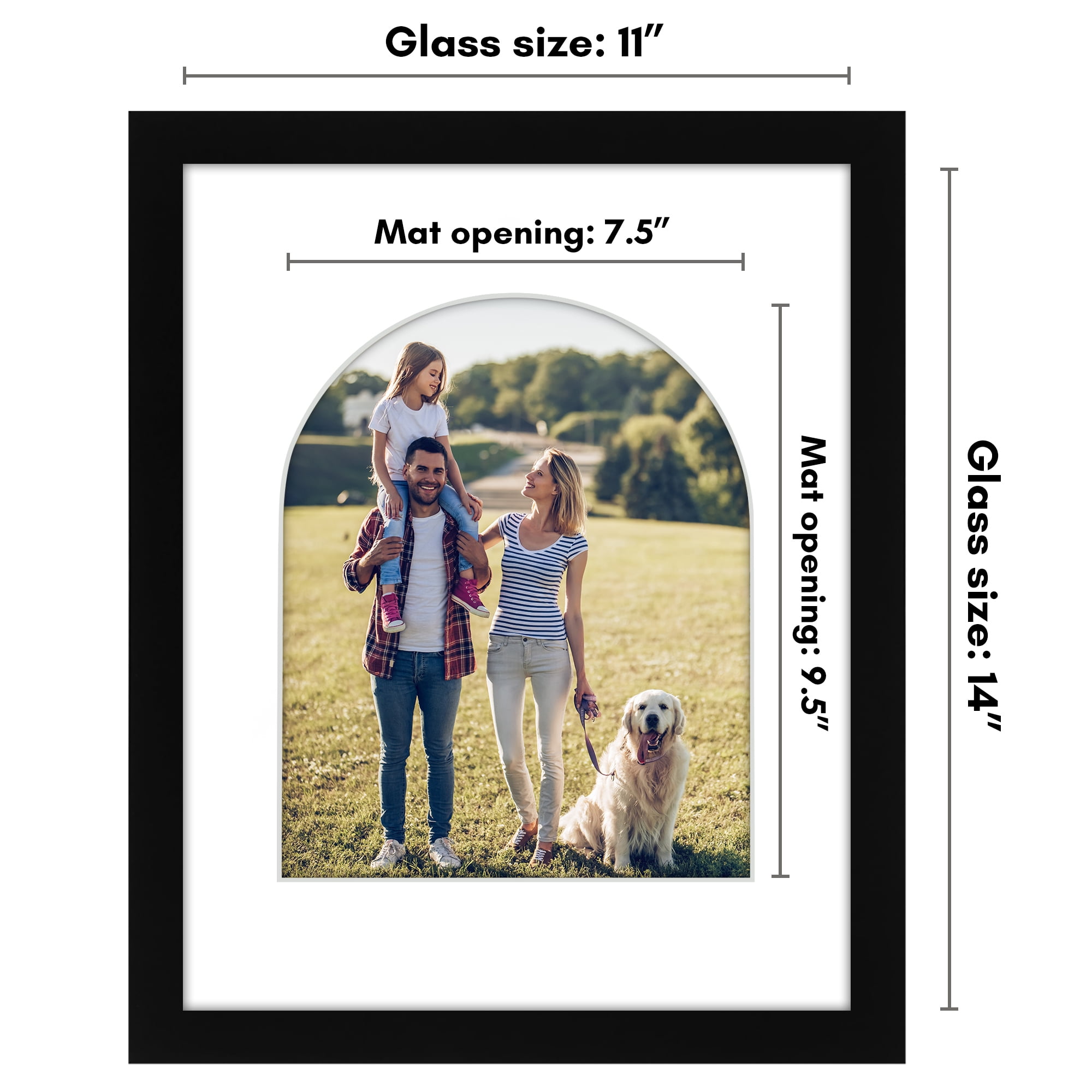 Americanflat 11x14 Picture Frame with Shatter-Resistant Glass Arch shaped Mat photos unique border - Black