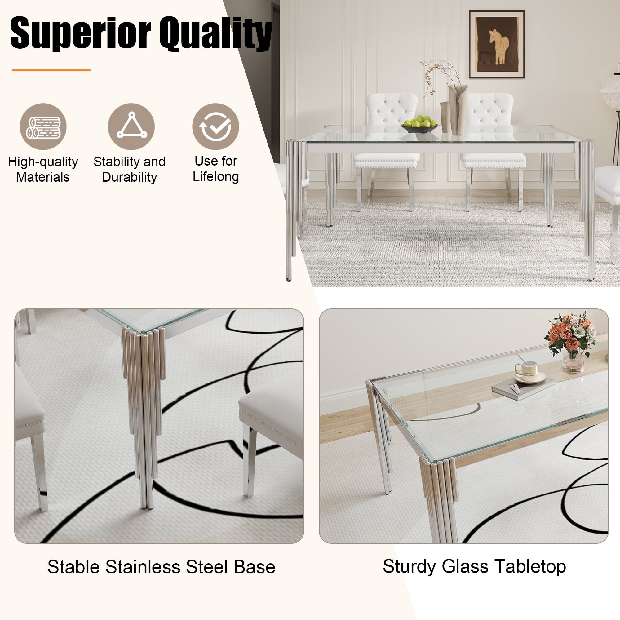 52.7" Rectangular Clear Tempered Glass Dining Table for 4 People, Modern Kitchen Table with Irregular Stainless Steel Legs, Dining Table for Small Space, Apartment Studio, Home Office