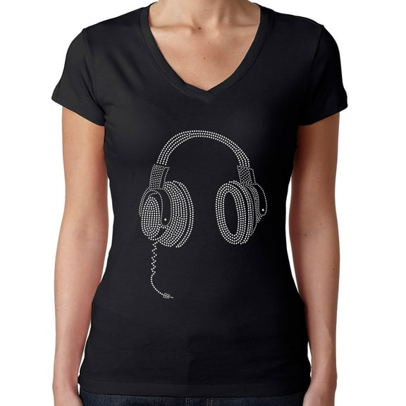 Womens T-Shirt Rhinestone Bling Black Tee Headphones Disco Sparkle V-Neck Medium
