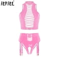 thumbnail image 2 of Conjunto de lencería Sexy de charol para mujer, ropa de discoteca de látex, Top corto sin mangas con cordones en la parte delantera y liguero con hebilla sin entrepierna, 2 of 5