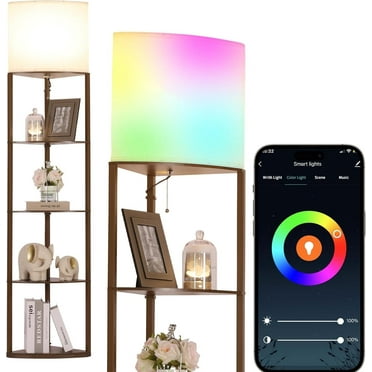 Floor Lamp with Shelves, with Sector Corner Shelf Lamp with Smart APP Control RGB Bulb, with Linen Lampshade Corner Floor Lamp for Living Room, Bedroom and Office (Brown-RGB)