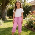 thumbnail image 5 of Twczz Girls Cotton Linen Capris with Pockets- Casual Elastic Waist Straight Leg Quick Dry Kids Beach Pants Pink Size 10-12 Years, 5 of 7