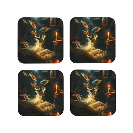

KLL Drink Coasters Set Square of 4 PU Leather Absorbent Coasters Set Decorative Coffee Cup Coasters Housewarming Gift for Home Decor-Magical Tarot Reading