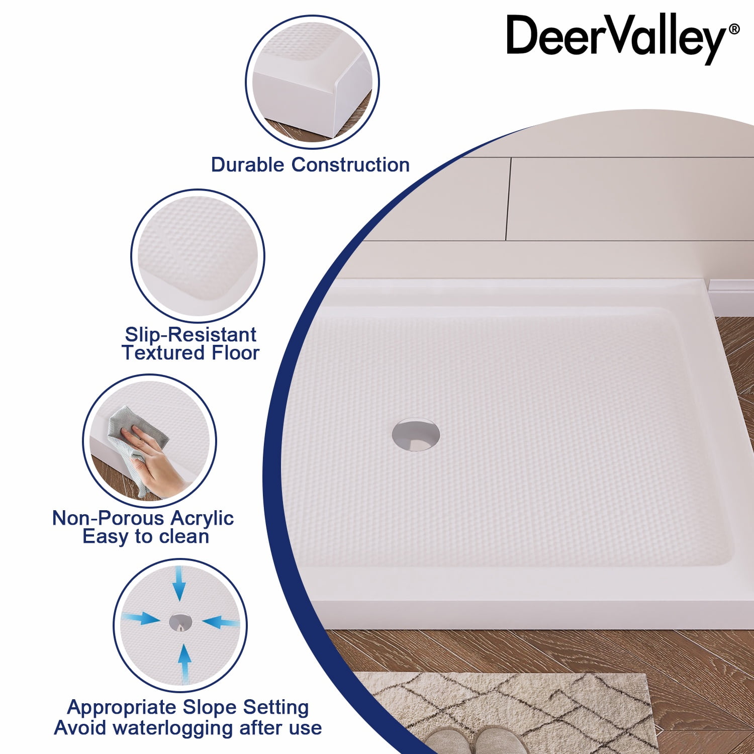 DV-1SB0108 48" Shower Base in White with Single Threshold Shower Pan, Non-slip Design