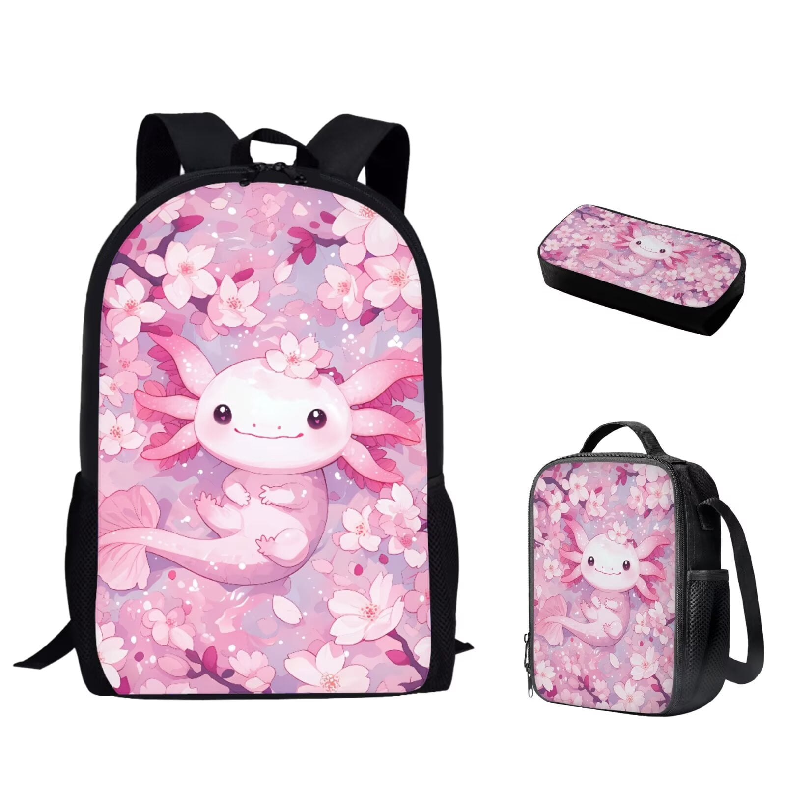 Binienty Axolotl Backpack With Lunch Box And Pencil Case for Girls Cherry Blossom Girls Bookbag Ages 6-8 Pink Schoolbag 17 Inch Kids Back to School Gifts