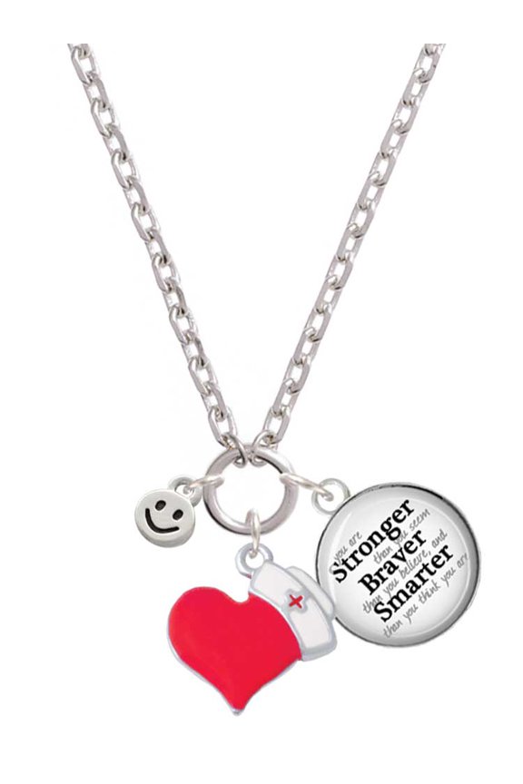 Silvertone Mini Smiley Face - Red Heart Nurse Strong Zoe Necklace