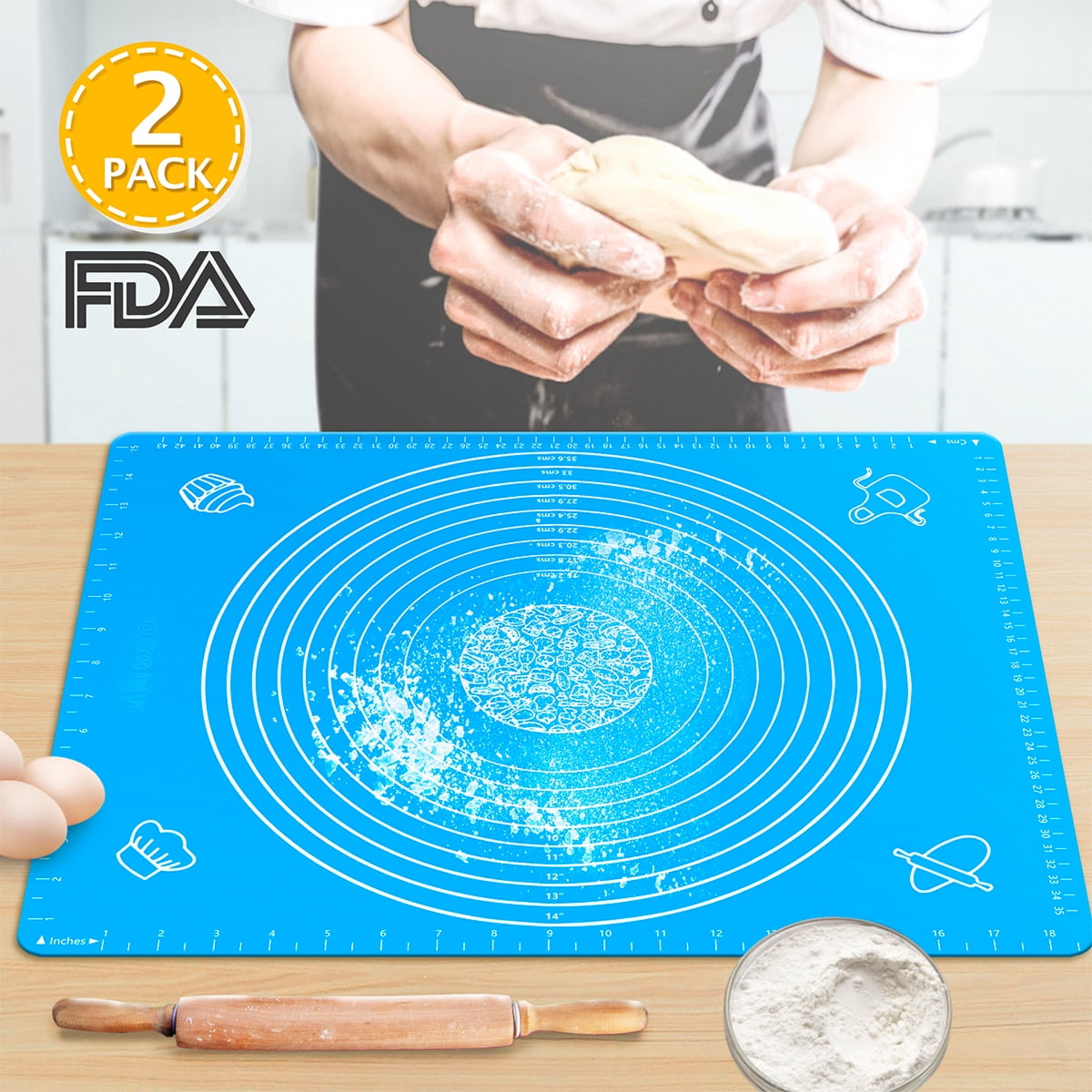 Silicone Pastry Mats for Rolling Dough with Measurements, 2Pack16”x20