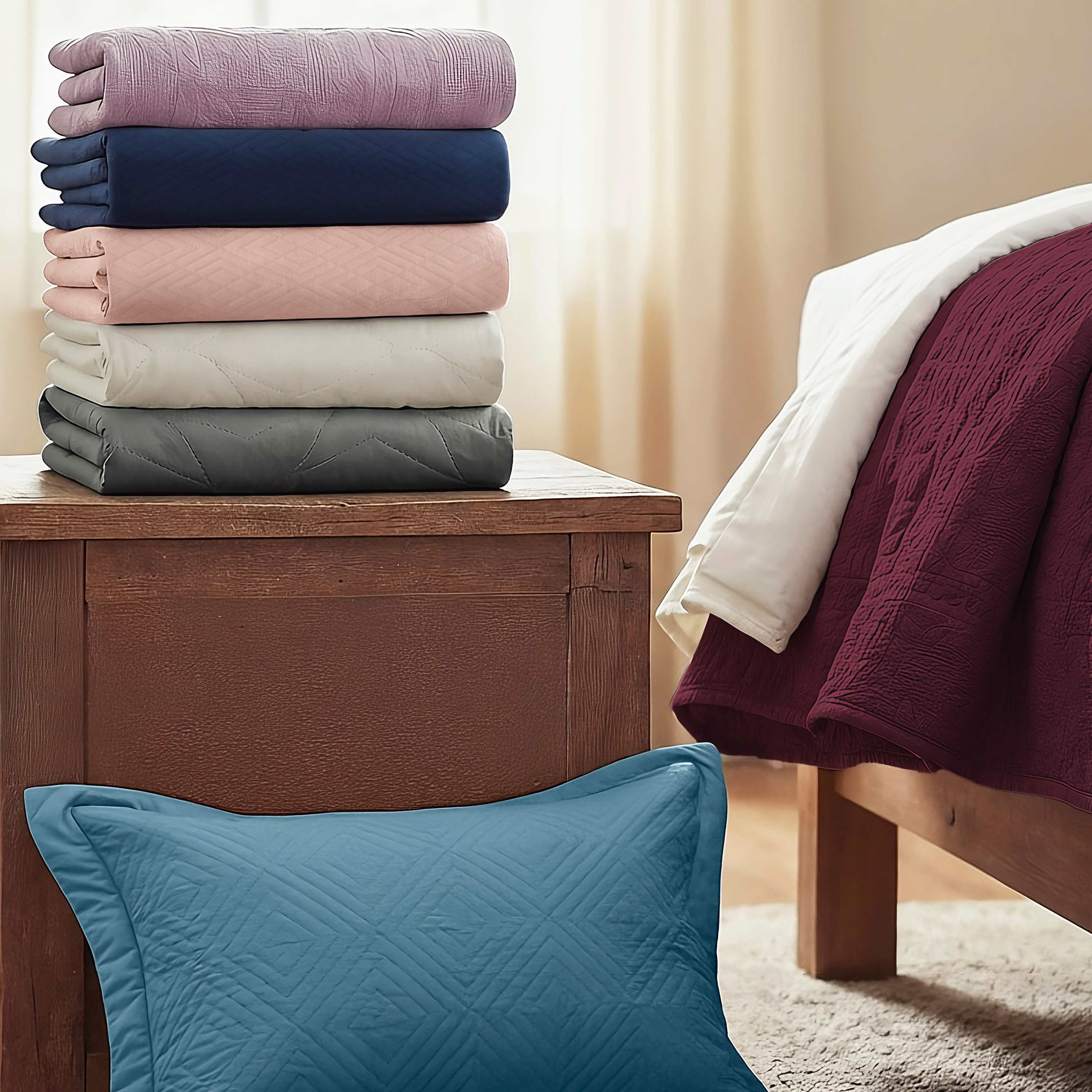 Clara Clark Quilt Sets, 5 Piece Lightweight Reversible Quilt Bedspread, Diamond Weave Coverlet Bedding Set, Queen Blue Heaven