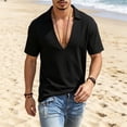 thumbnail image 2 of GrmtClth Mens Lightweight Waffle Knit Polo Shirt Casual Deep V-Neck Spread Collar Short Sleeve Top Breathable Relaxed Fit Solid Color Summer Daily Wear Tees Black XL, 2 of 5