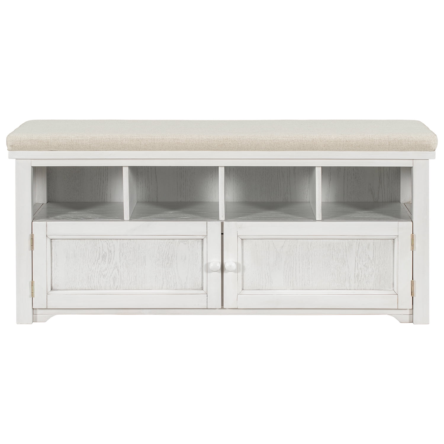 Kadyn Rustic Style Two-Door Storage Bench, Shoe Entryway Bench with Linen Upholstered Top Cushion, Pine Organizer Footrest Bench Ottoman for Entryway, White Kadyn Rustic Style Two-Door Storage Bench, Shoe Entryway Bench with Linen Upholstered Top Cushion, Pine Organizer Footrest Bench Ottoman for Entryway, White