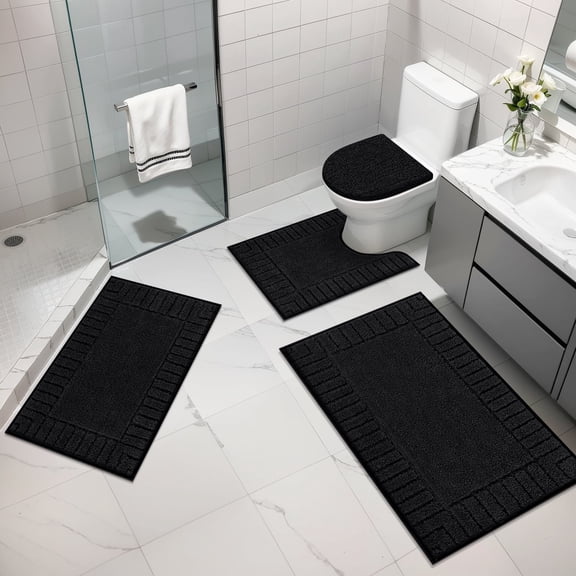 MeyJey Bathroom Rugs Set of 4 Piece, Bath Mats, Microfiber Non Slip Shaggy Ultra Soft Bathroom Runner with U Shaped Contour Toilet Mat for Bathroom, Shower Inside Floor, Black