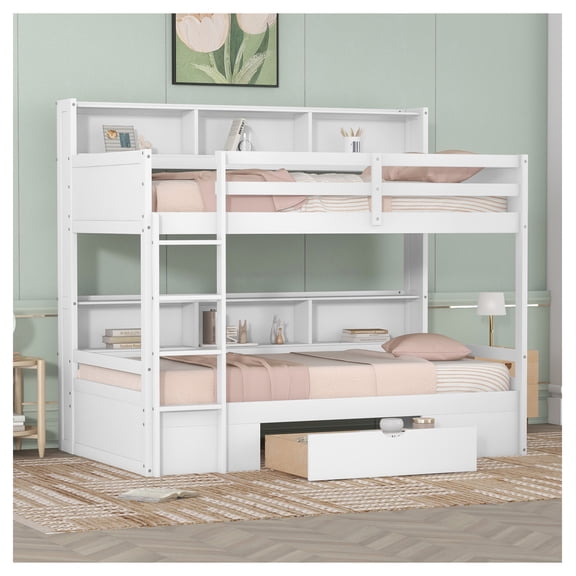 Twin Bunk Bed with Built-in Shelves & Storage Drawer, White