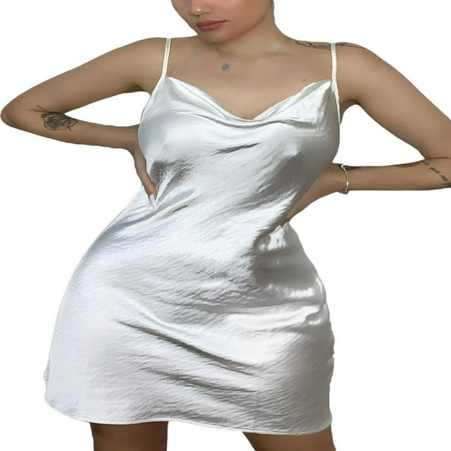 CNKOO Robe Satinée Sans Manches à Bretelles Spaghetti, Col en V Profond, Couleur Unie, pour Femmes, Plage, Fête, Rendez-Vous