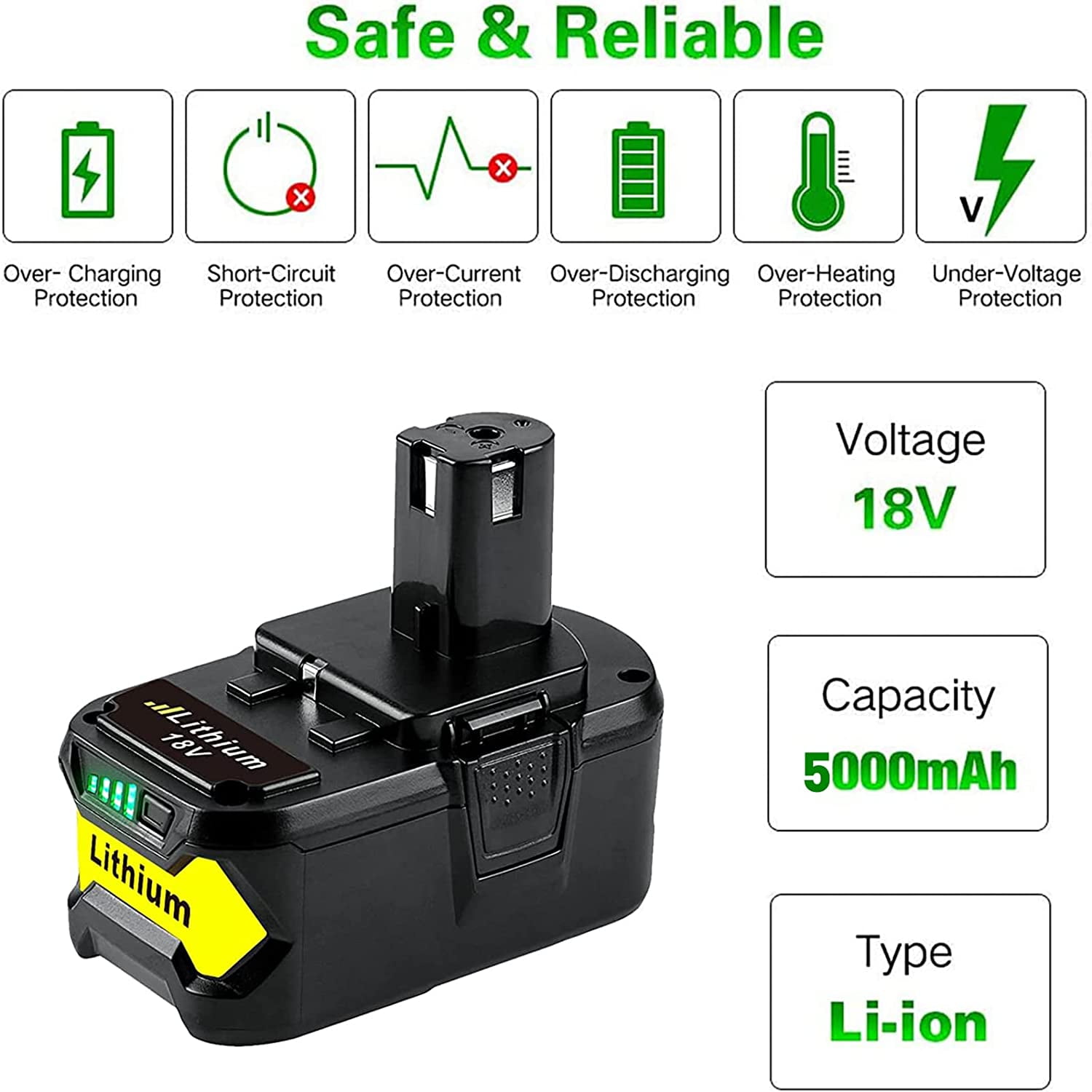 2 Pack 5.0Ah 18V Replacement Battery For Ryobi P108 for Ryobi ONE+ 18-Volt Tools Battery