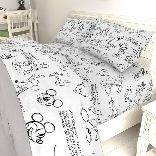 Disney Mickey Mouse Black White Sketch Bed Sheet Set Com Disney Mickey Mouse Black White, Disney Bed Sheets Queen Size