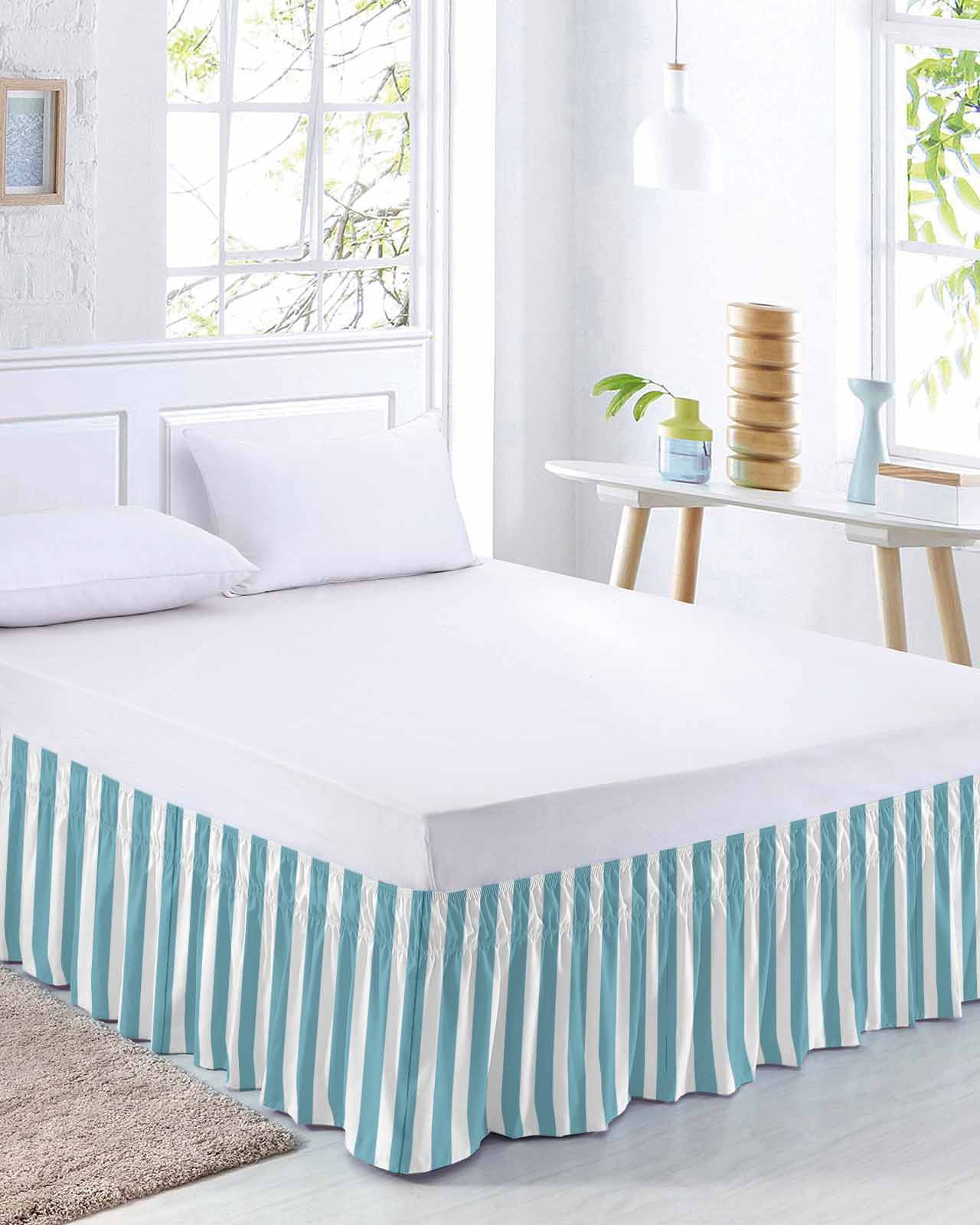 Aqua Striped Bed Skirt King Size, Modern Farmhouse Blue White Stripes Wrap Around Bed Skirting with Adjustable Elastic Strap, Dust Ruffled Pleated Bedskirts 18 Inch Drop for Bedroom King Beds