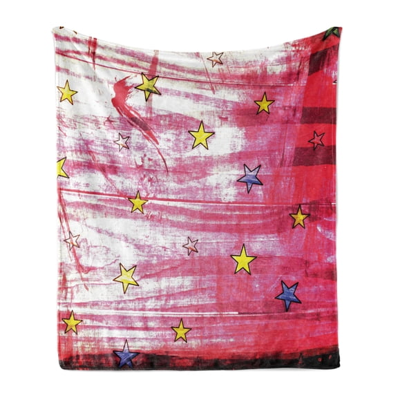 Retro Soft Flannel Fleece Throw Blanket, Little Luminous Stars over Grunge Retro Style Background Celestial Theme Art, Cozy Plush for Indoor and Outdoor Use, 50" x 60", Red Blue Yellow, by Ambesonne