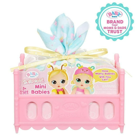 Mini bébés Baby Born Surprise : déballez des poupons jumeaux ou triplés surprises à collectionner avec de doux emmaillotements, une couverture et un berceau