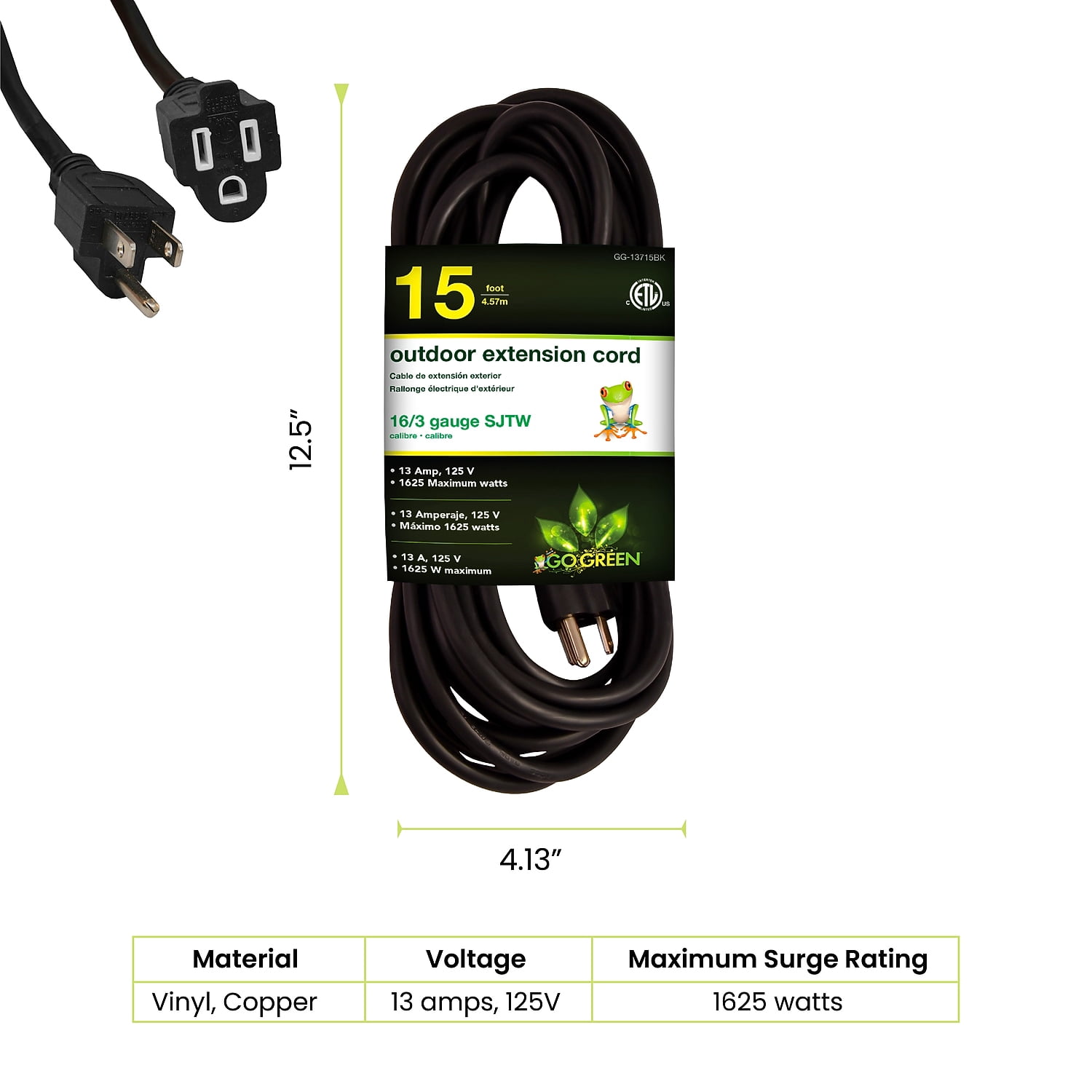 GoGreen Power 16/3 15 ft Black 1 Outlet Heavy Duty Extension Cord