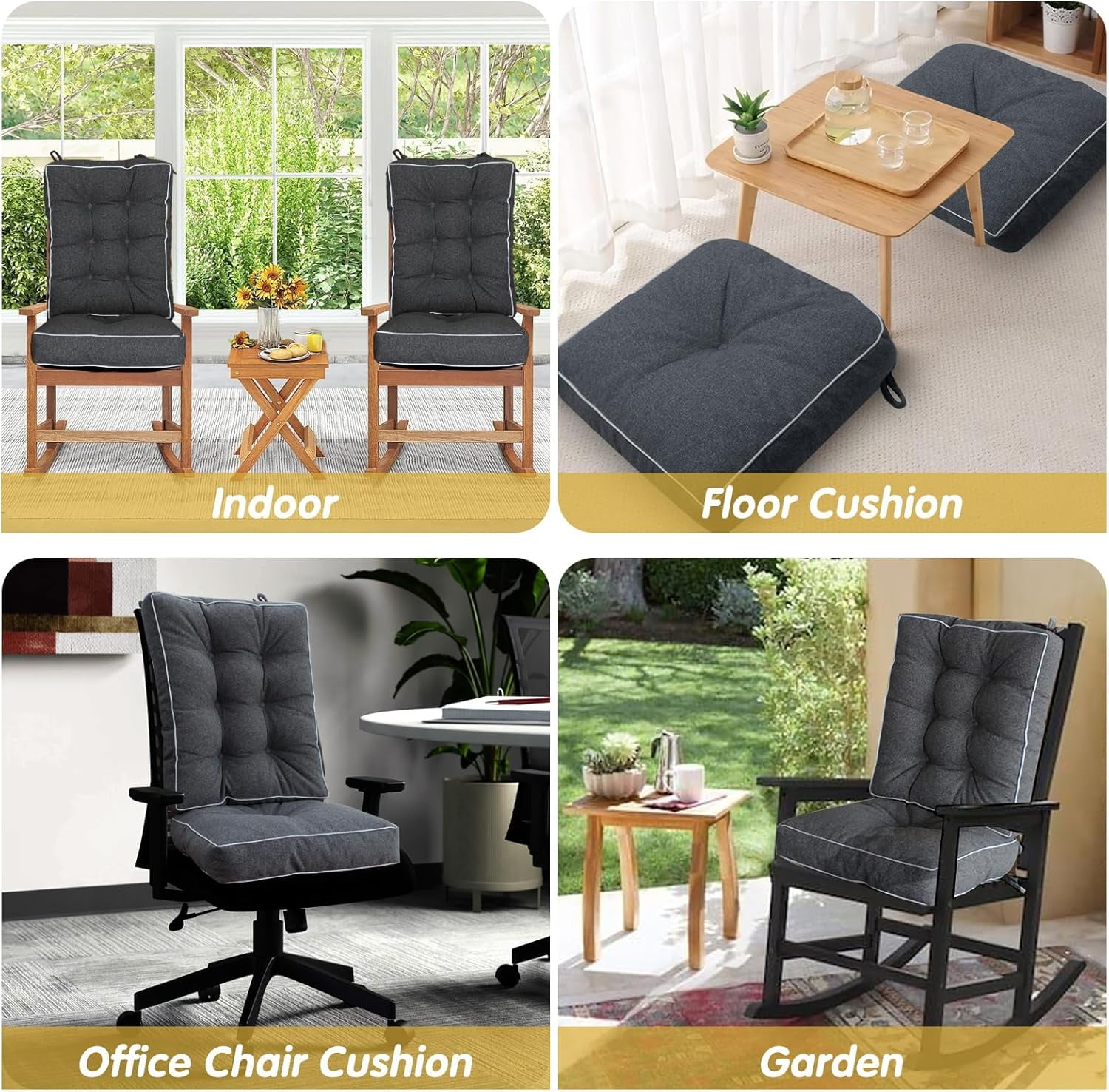 Parojati 22*17*5 Rocking Chair Cushion, Set of Thicken Seat & Back Chair Cushions with Memory Foam, Non-Slip Chair Pad with Ties for Indoor&Outdoor Rocker Dark Grey