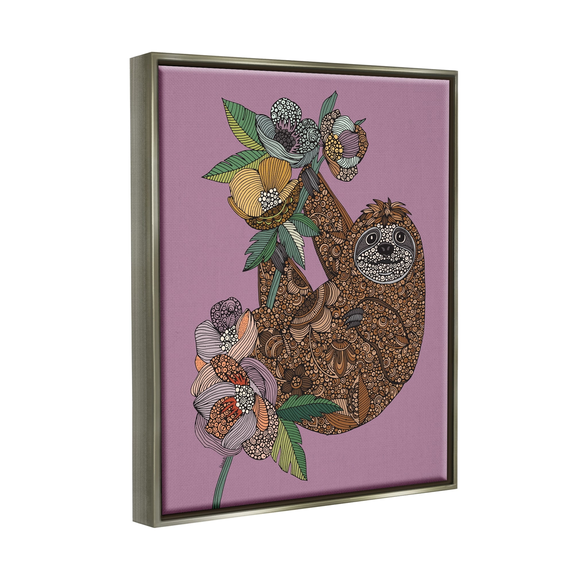 Stupell Industries Sloth Hanging Flower Blossoms Intricate Fractals Pattern Graphic Art Luster Gray Floating Framed Canvas Print Wall Art, Design by Valentina Harper