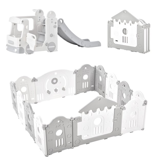 Baby Playpen for Toddler, Kids Activity Center with Freestanding Bus