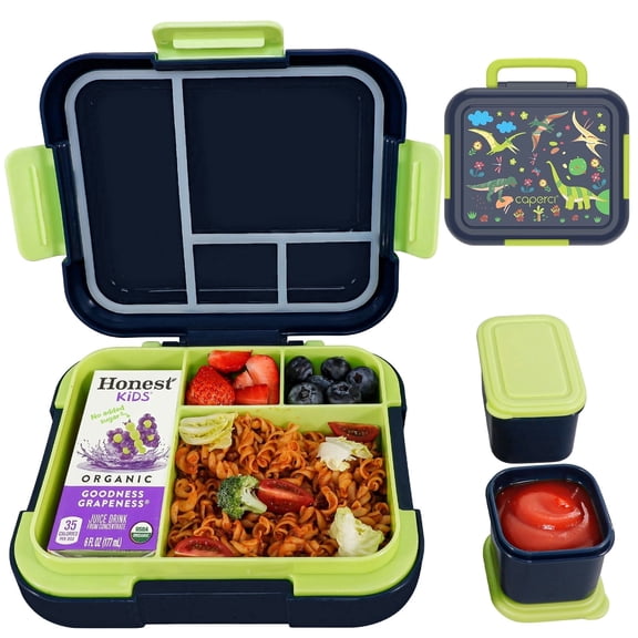 Caperci 4.8 Cups Bento Box for Kids - 4 Compartments Large Lunch Box with Two Modular Containers, Leak-Proof, Microwave & Dishwasher Safe, BPA-Free, Dinosaur Pattern (Navy)