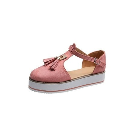 

GENILU Womens Platform Sandals Ankle Strap Suede Upper Tassel Close Toe Flat Beach Working Party Casual Shoes for Ladies